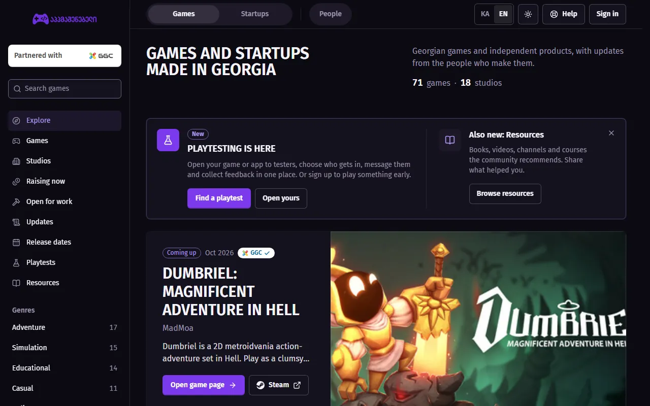 Appmashenebeli home page in English: a directory of games and startups made in Georgia