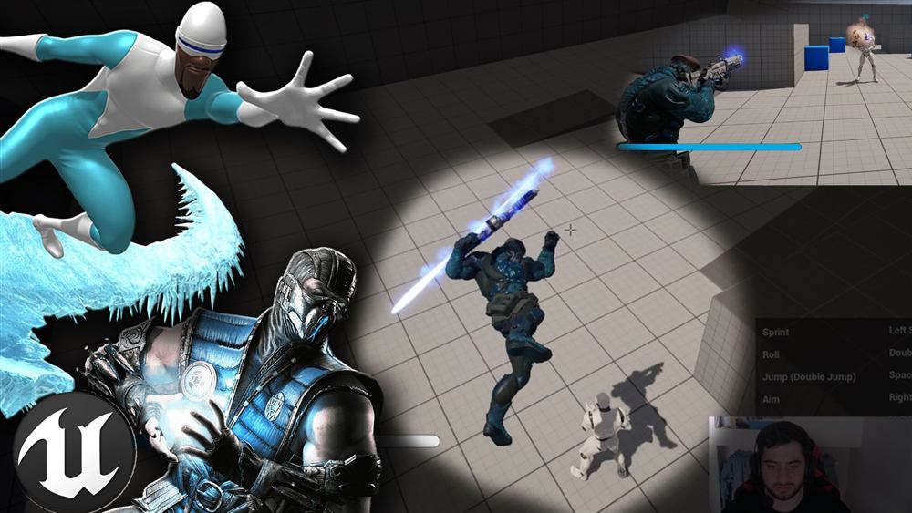 Unreal Engine ability shooter prototype: a character launching an ice ability in a greybox arena