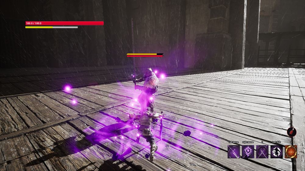 Riftveil gameplay: a knight mid-combat with purple ability effects and an in-world health bar