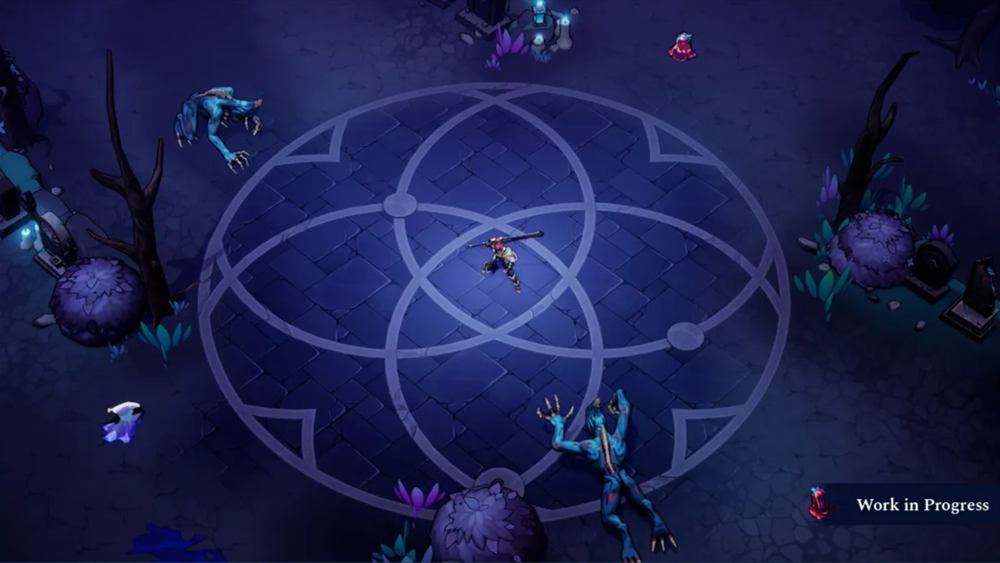 TearFallen gameplay: a top-down arena with a summoning circle and creatures closing in
